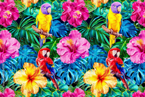 Background with parrots and hibiscus flowers