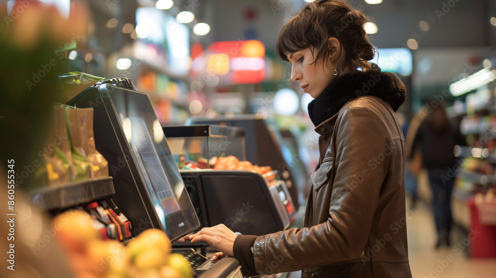 Customer using a self-checkout machine in a supermarket Customer using a self-checkout machine in a supermarket