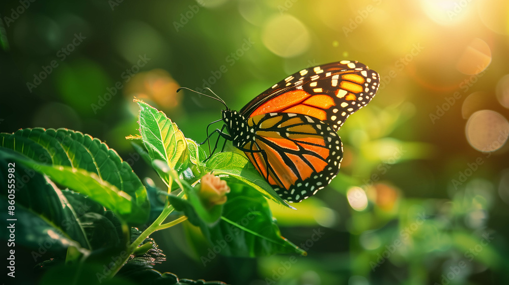 butterfly perched delicately on a green leaf, sunlight filtering through, butterfly perched delicately on a green leaf, sunlight filtering through,