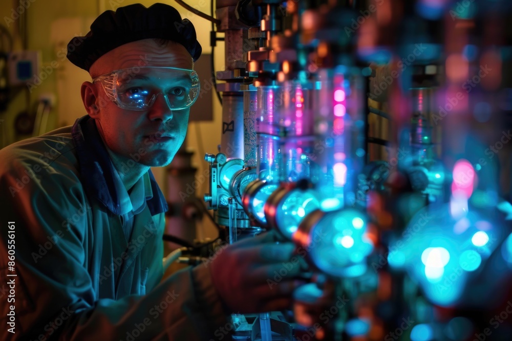 A man in a lab coat is looking at a machine with many tubes and glowing tubes A man in a lab coat is looking at a machine with many tubes and glowing tubes
