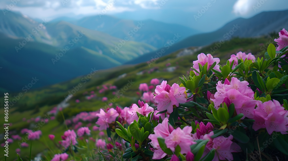 Magic pink rhododendron flowers on summer mountain : Generative AI Magic pink rhododendron flowers on summer mountain : Generative AI