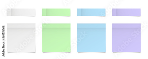 Set of square paper stickers. Stick in notes. White, green, blue and purple colors. Multicolor post it notes. Sheets of paper. Tag, sticky note	