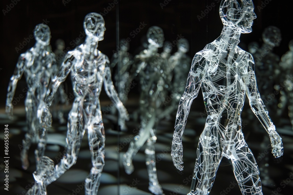 A group of people are walking in a room with a lot of glass A group of people are walking in a room with a lot of glass
