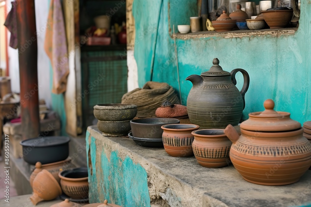 Fototapeta premium A collection of clay pots and teapots arranged on a shelf in an Indian home.