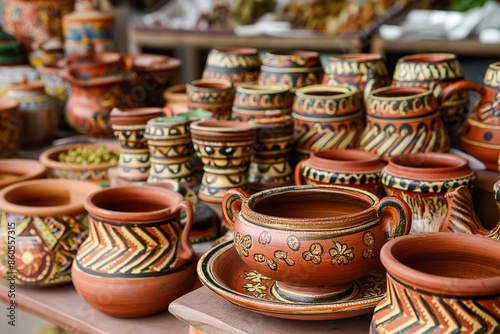 A selection of colorful, hand-painted pottery for sale in an Indian home decor shop. © Joaquin Corbalan