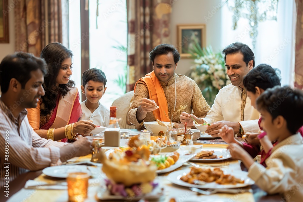 A modern Indian family enjoys a meal together at a dining table, surrounded by a beautifully decorated home. A modern Indian family enjoys a meal together at a dining table, surrounded by a beautifully decorated home.