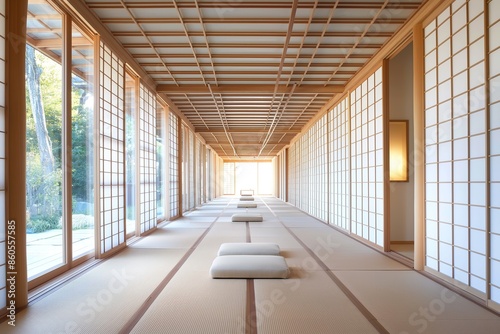 A long, narrow corridor in a modern Japanese building features tatami mats, shoji screens, and natural light.