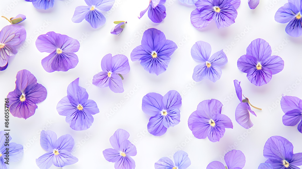 Fototapeta premium Panorama spring flowers pattern Flowers wild violets pattern on a white background Full Bloom trend Flat lay style : Generative AI