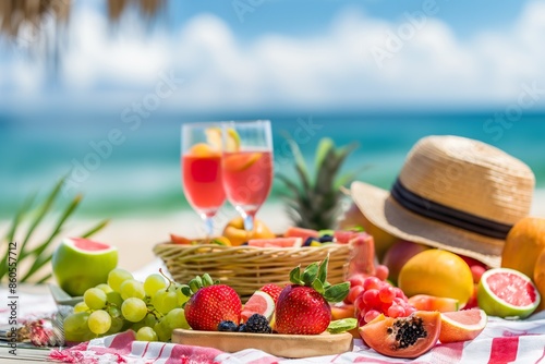 A festive spread of fruit and drinks on a beach blanket, perfect for a summer picnic.