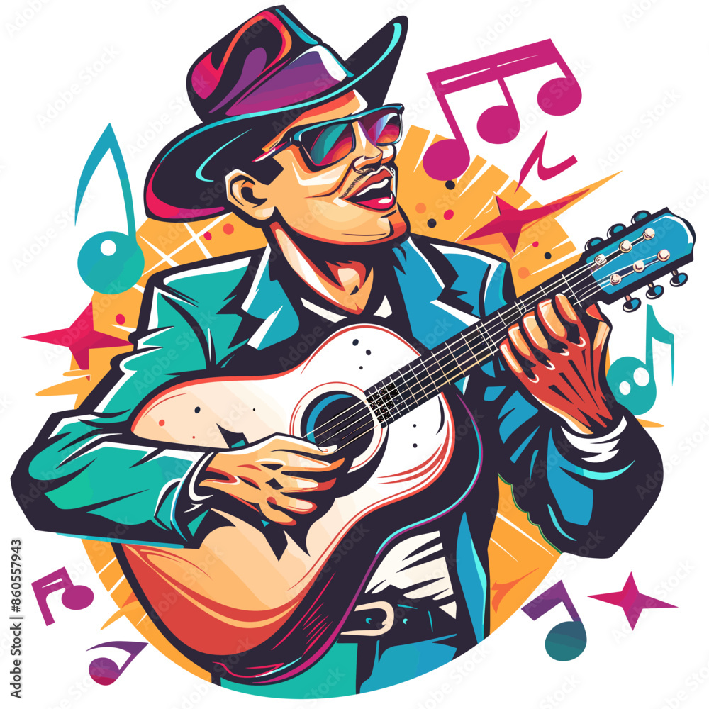 Vector illustration of a man in a hat playing guitar on a colorful background. Vector illustration of a man in a hat playing guitar on a colorful background.