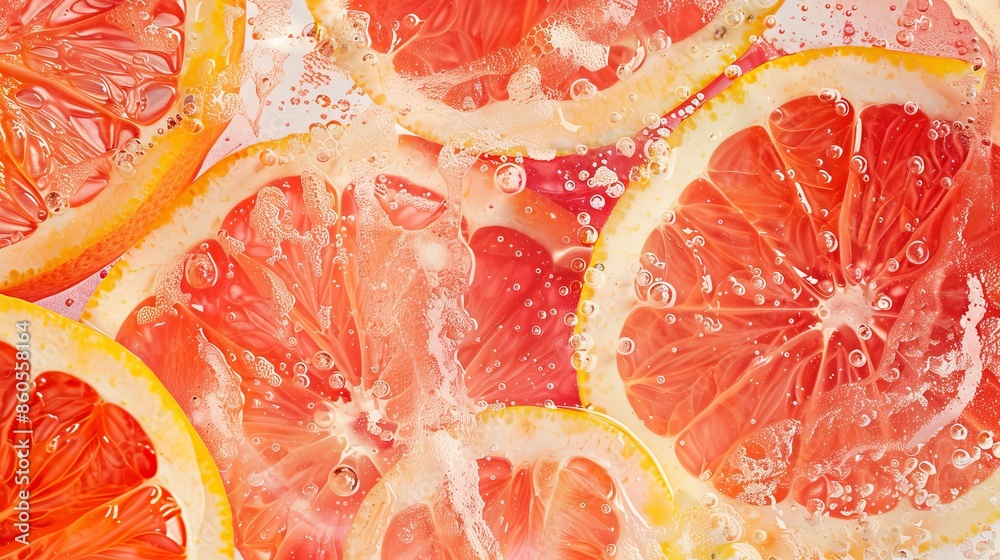 Vibrant abstract background with close-up of grapefruit slices. The coral color adds a lively touch to this refreshing summer texture.