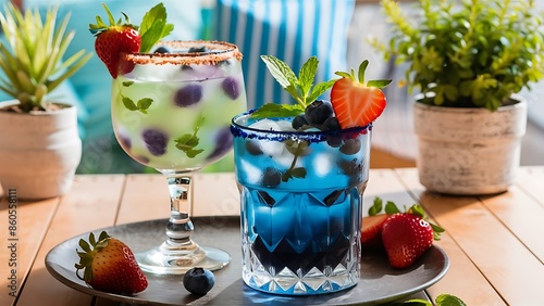 Two glasses of fruit mojito serve on table