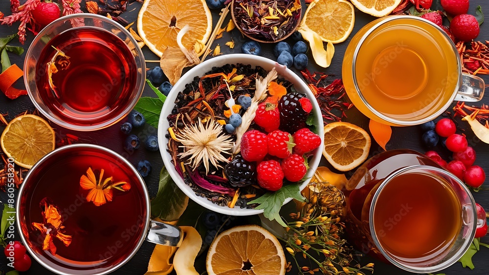 Assorted of healthy medical drinks for autumn winter season herbal tea with berries spices dried flowers and citrus Assorted of healthy medical drinks for autumn winter season herbal tea with berries spices dried flowers and citrus