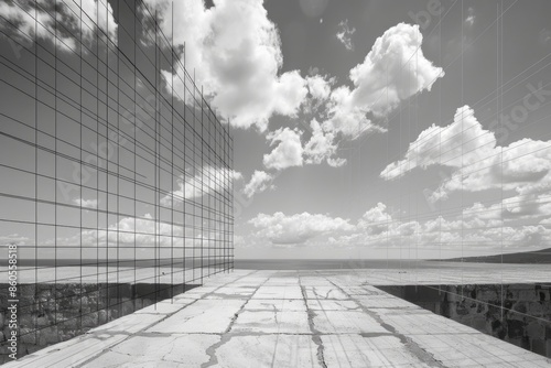 A black and white photo of a beach with a cloudy sky in the background