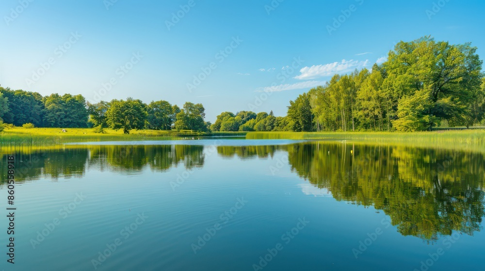 Fototapeta premium Calm lake reflecting the lush greenery and clear blue sky
