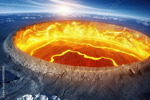 A large hole in the ground with a bright orange lava flow photo
