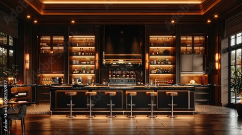 Modern Bar Interior With Black Marble Counter and Wooden Stools