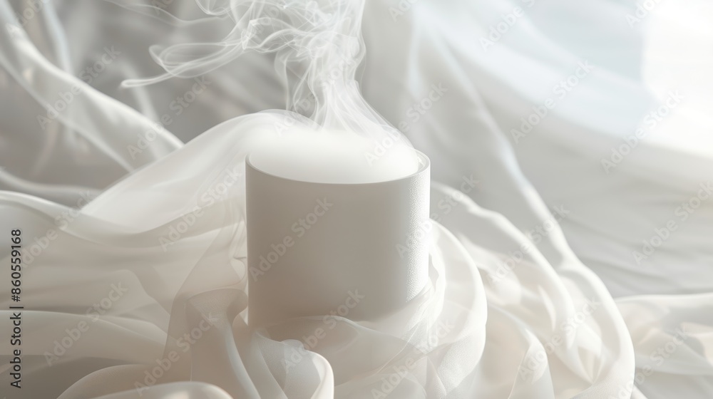 Minimalist White Air Freshener with Fresh Mist on Delicate White Fabric Background Minimalist White Air Freshener with Fresh Mist on Delicate White Fabric Background
