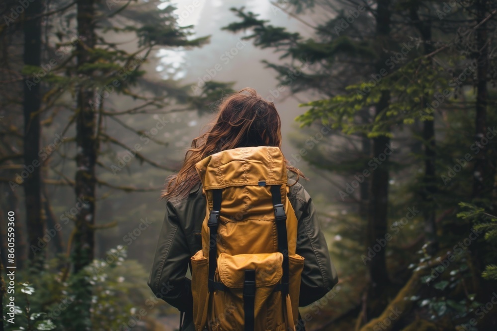 A woman wearing a yellow backpack is walking through a forest A woman wearing a yellow backpack is walking through a forest