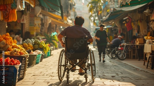 Wheelchair User Exploring Vibrant City Market, Interacting with Vendors and Enjoying the Atmosphere