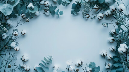Flowers composition Frame made of fresh eucalyptus branches and cotton flowers Flat lay top view copy space : Generative AI