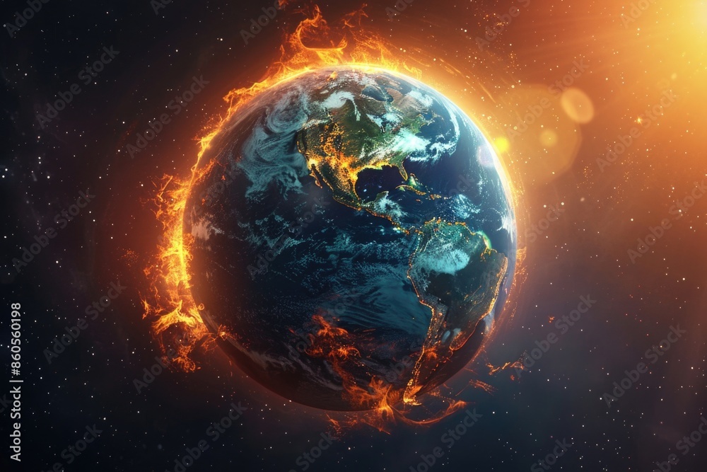 A close up of the Earth with a bright orange sun in the background A close up of the Earth with a bright orange sun in the background