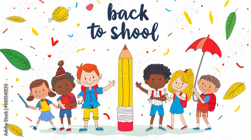 copy space, kids holding a big pencil, tekst 