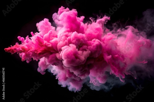 A pink cloud of smoke explodes and expands against a dark black backdrop, creating a striking contrast of color and texture. The smoke swirls and billows. AI