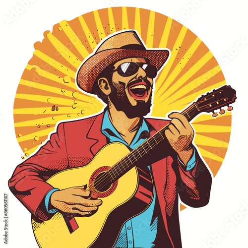 A man in a red jacket and hat is playing a guitar. He is smiling and he is enjoying himself in retro comic style.