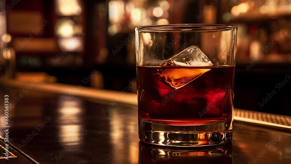 Glass with brown alcoholic drink and piece of ice stands on the bar