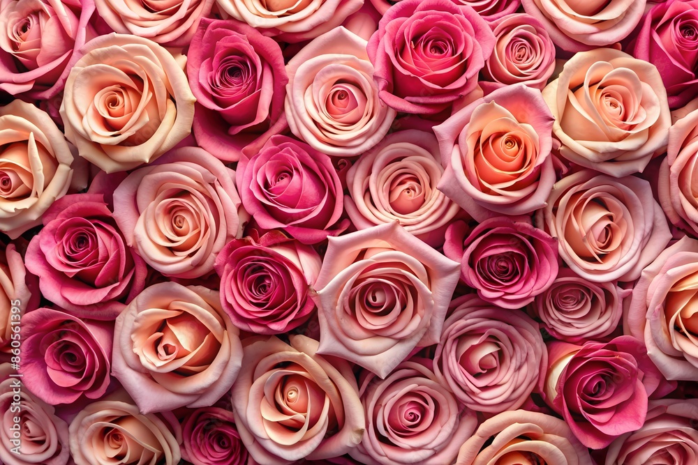 A Close-Up View of Pink and Peach Roses in Full Bloom. Generative AI A Close-Up View of Pink and Peach Roses in Full Bloom. Generative AI