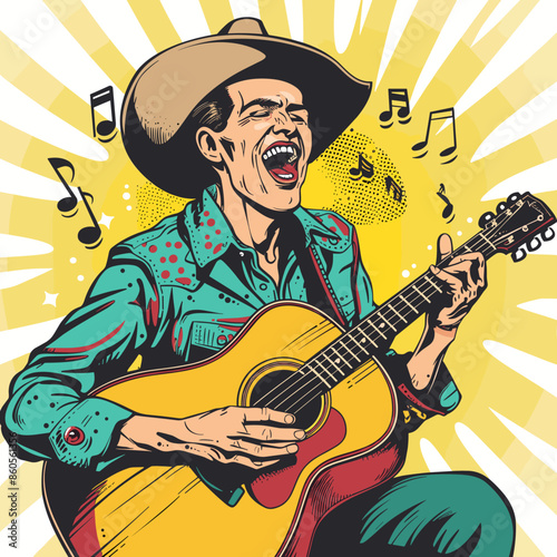 A man in a cowboy hat is playing a guitar and singing. The image has a lively and upbeat mood, with the man's smile and the music in the background in retro comic style.