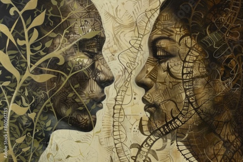 Wallpaper Mural Two faces, intertwined with intricate patterns and golden foliage, gaze into each other with an intensity that suggests a deep connection Torontodigital.ca