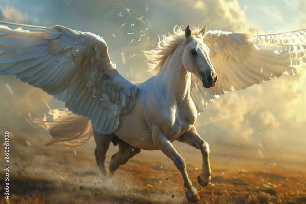 A white winged horse runs through a field, its wings spread wide as it soars towards the sky A white winged horse runs through a field, its wings spread wide as it soars towards the sky