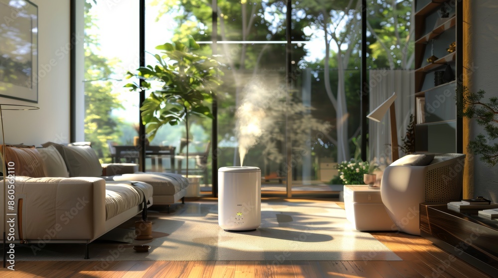 Fototapeta premium Modern Air Humidifier Enhancing Comfort in a Bright, Stylish Open-Plan Living Room