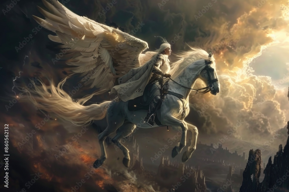 A winged rider on a white steed flies through a majestic sky, golden clouds swirling around them A winged rider on a white steed flies through a majestic sky, golden clouds swirling around them