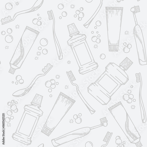 Seamless oral hygiene pattern, monoline style, vector graphics, toothpaste and toothbrush, mouthwash, electric brush and bubbles