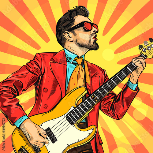 Guitar player in red suit. Pop art retro vector illustration