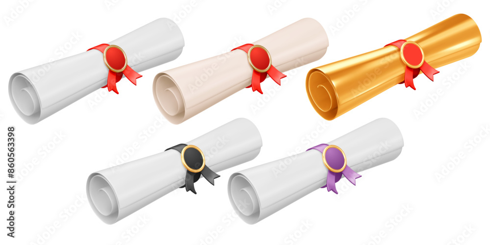 Diploma about graduation of university, college, school, education certificate, graduation degree, scroll tied with ribbon with medal, perspective view. Set of 3d realistic Vector illustration