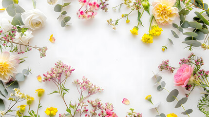 Flowers composition Round frame made of yellow and pink flowers eucalyptus branches on white background Flat lay top view copy space : Generative AI
