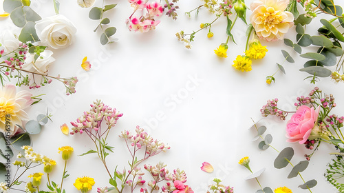 Flowers composition Round frame made of yellow and pink flowers eucalyptus branches on white background Flat lay top view copy space : Generative AI