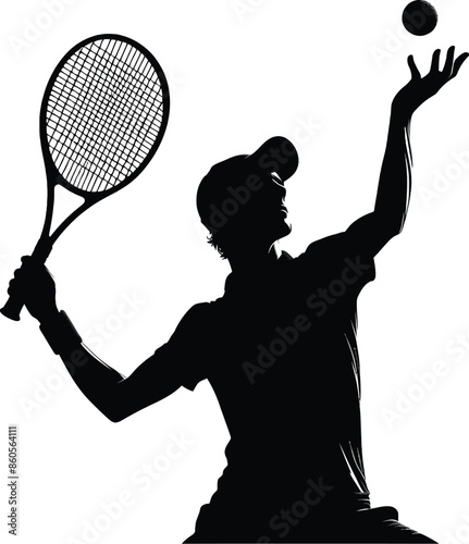 A vector silhouette of a tennis player serving with white background