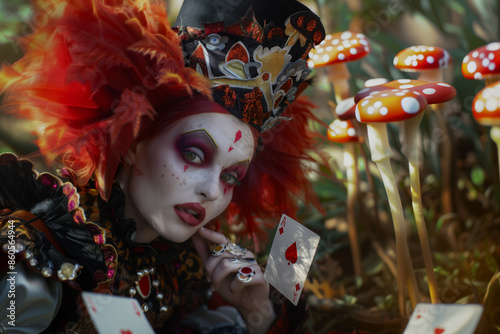 A person with makeup as the Mad Hatter from Alice in Wonderland. Cosplay dress up idea.