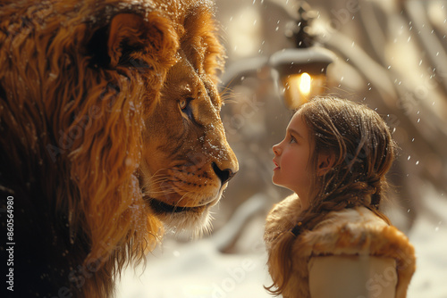A little girl and a lion under a lamp. Narnia dress up idea.