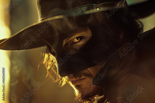 A man in a black hat wearing a mask. Zorro cosplay dress up idea. photo