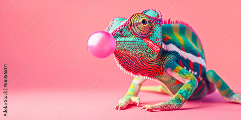 Colorful Chameleon Blowing Bubble Gum - Fun and Creative Concept for Advertising and Design Colorful Chameleon Blowing Bubble Gum - Fun and Creative Concept for Advertising and Design