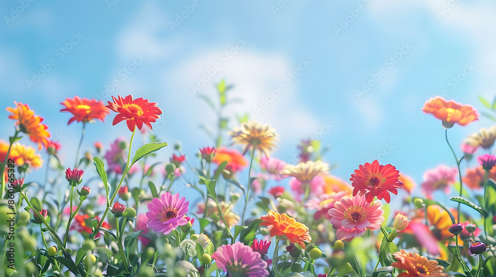 flowerbed colorful flowers over blue sky : Generative AI flowerbed colorful flowers over blue sky : Generative AI