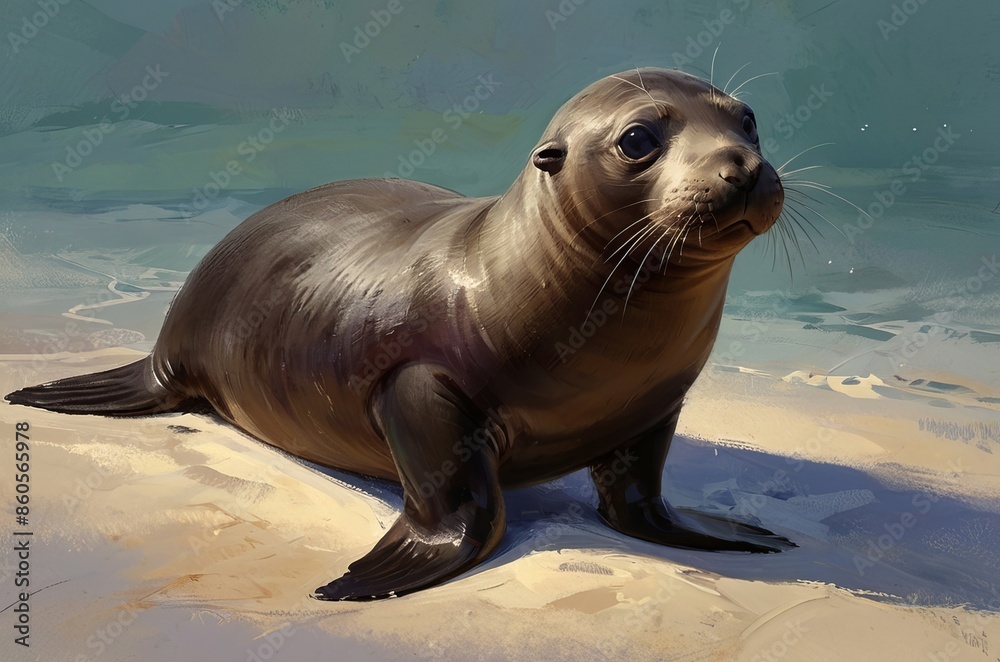 Fototapeta premium Fur seal in oil digital painting style