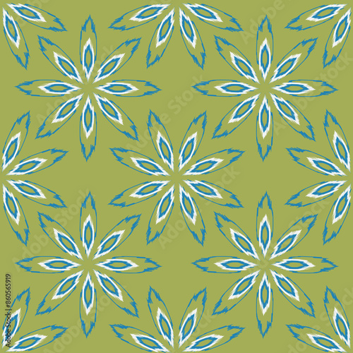 Fantasy flowers with blue petals on a green background form a modern floral seamless pattern for decorative pillows, wrapping paper. 