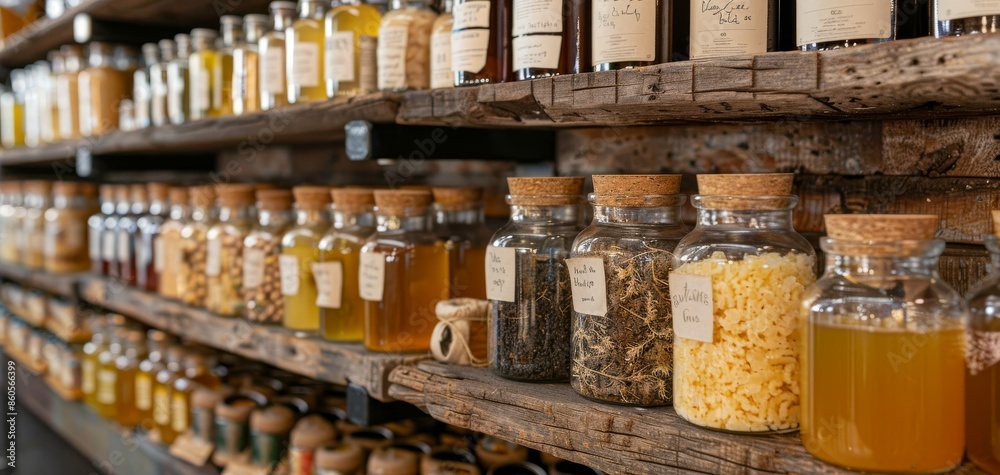 A rustic shelf filled with various glass jars containing herbs, spices, and oils in a cozy and inviting setting.